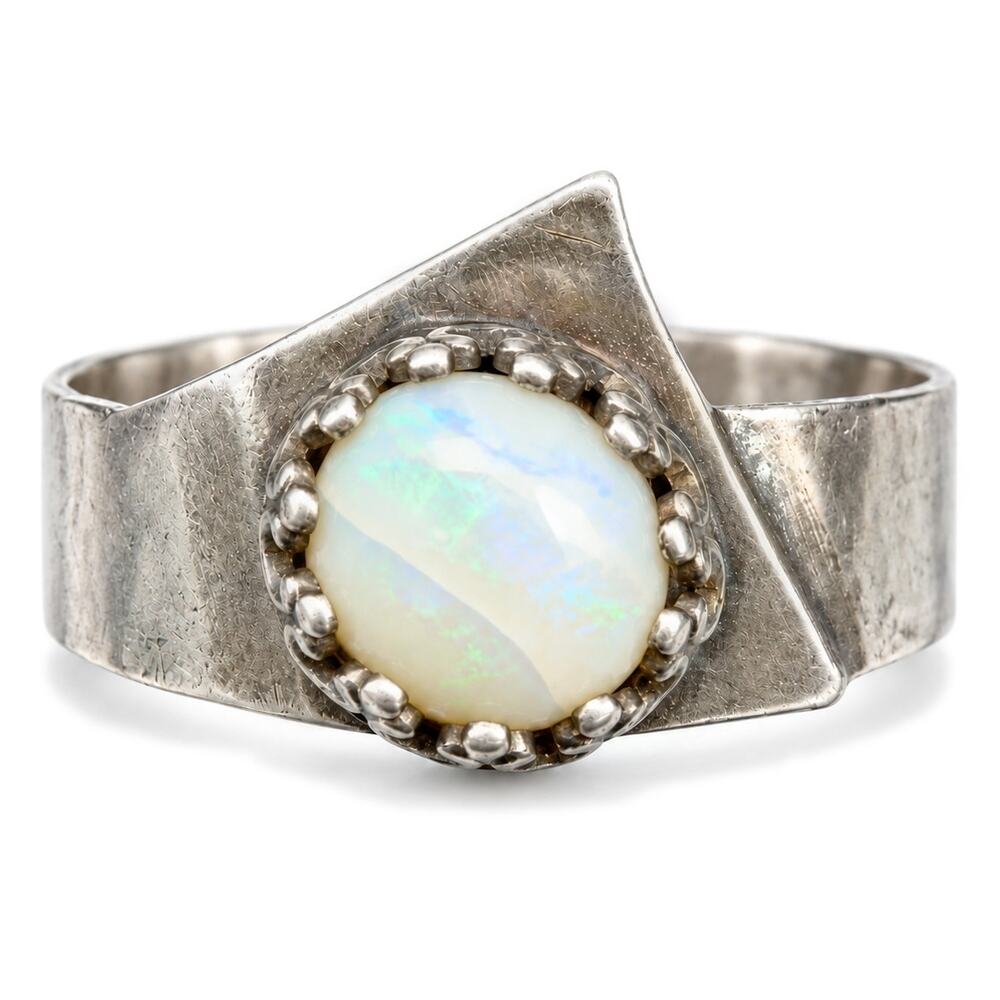 White Opal Sterling Silver Ring – Geometric Art Deco Handmade Design Size 10-